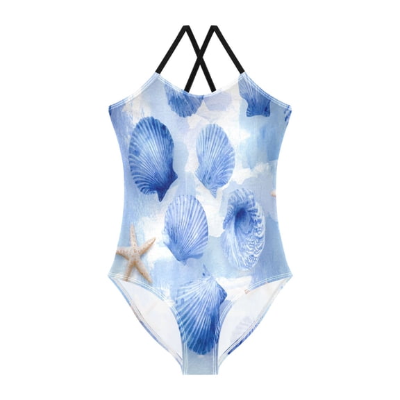 TTYFWHD Toddler Girls One Piece Swimsuit, Quick Dry Summer Beach Swimwear for Kids, 3T-10T Cerulean Seashells Pattern