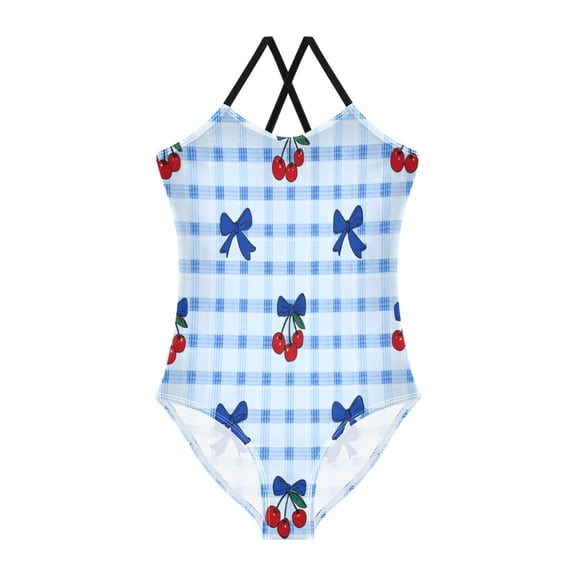 TTYFWHD Toddler Girls One Piece Swimsuit, Quick Dry Summer Beach Swimwear for Kids, 3T-10T Cherry and Blue Bows