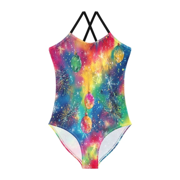 TTYFWHD Toddler Girls One Piece Swimsuit, Quick Dry Summer Beach Swimwear for Kids, 3T-10T Christmas Balls Tie-dye