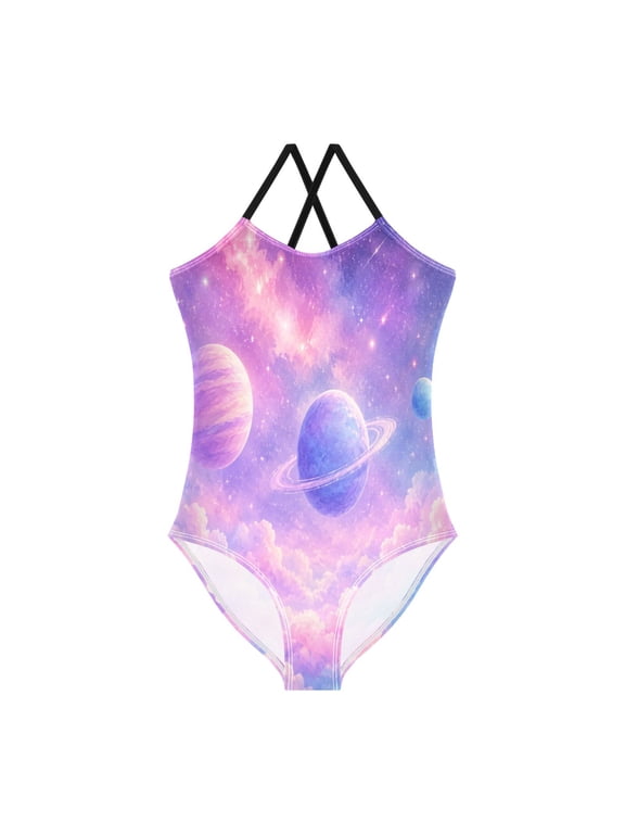 Toddler Girls One Piece Swimsuit, Quick Dry Summer Beach Swimwear for Kids, 3T-10T Cute Cosmic Planets Clouds