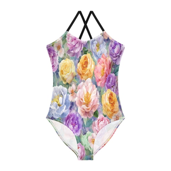TTYFWHD Toddler Girls One Piece Swimsuit, Quick Dry Summer Beach Swimwear for Kids, 3T-10T Detailed Roses and Peonies