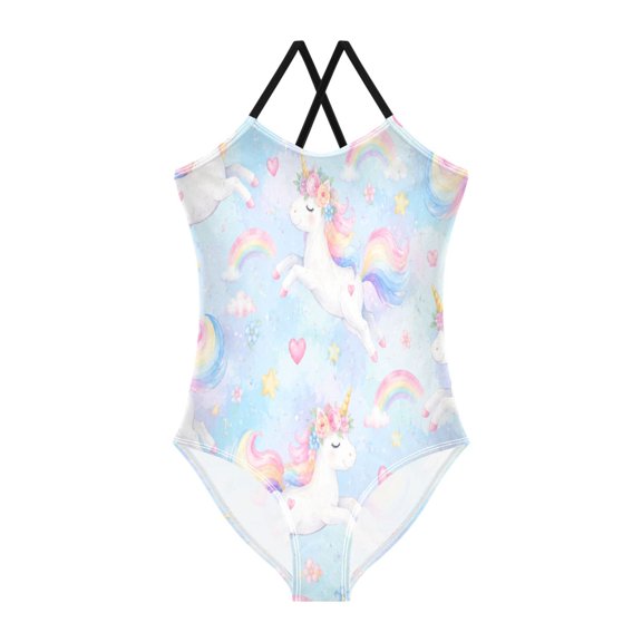 TTYFWHD Toddler Girls One Piece Swimsuit, Quick Dry Summer Beach Swimwear for Kids, 3T-10T Flying Unicorn Rainbow Graphic