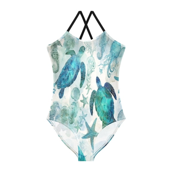 TTYFWHD Toddler Girls One Piece Swimsuit, Quick Dry Summer Beach Swimwear for Kids, 3T-10T Green Adorable Sea Creatures