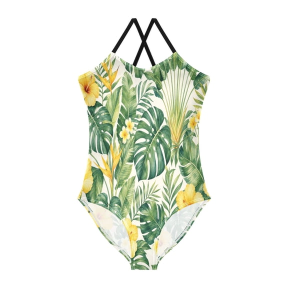 TTYFWHD Toddler Girls One Piece Swimsuit, Quick Dry Summer Beach Swimwear for Kids, 3T-10T Hawaiian Floral Monstera Artwork