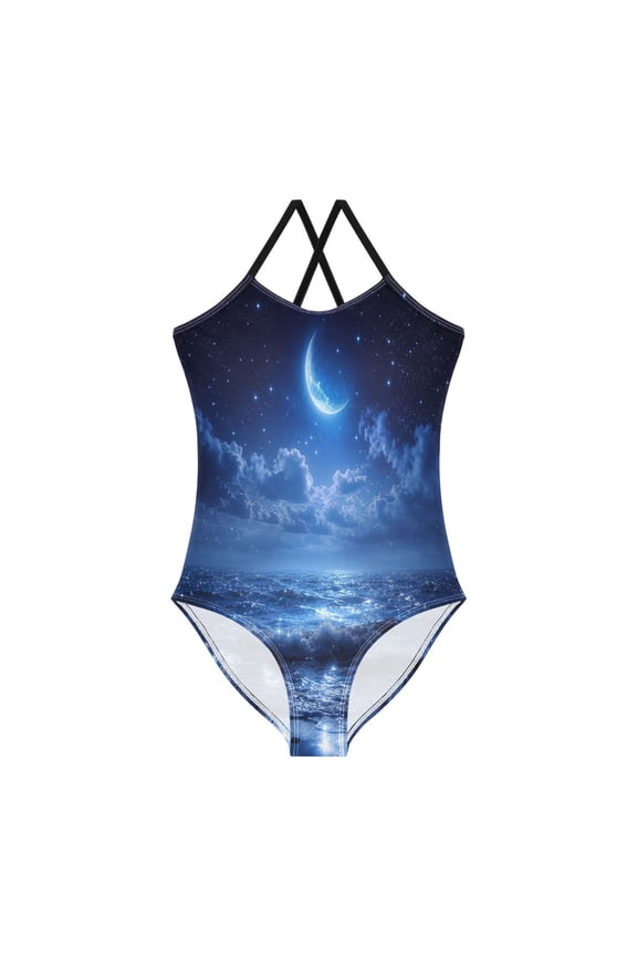 Toddler Girls One Piece Swimsuit, Quick Dry Summer Beach Swimwear for Kids, 3T-10T Midnight Ocean Moonlight