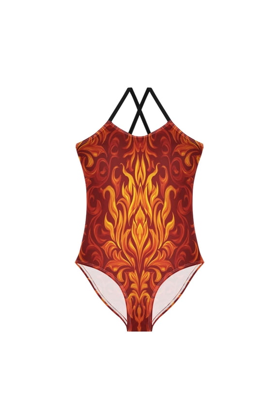 Toddler Girls One Piece Swimsuit, Quick Dry Summer Beach Swimwear for Kids, 3T-10T Ornate Flame Damask Print