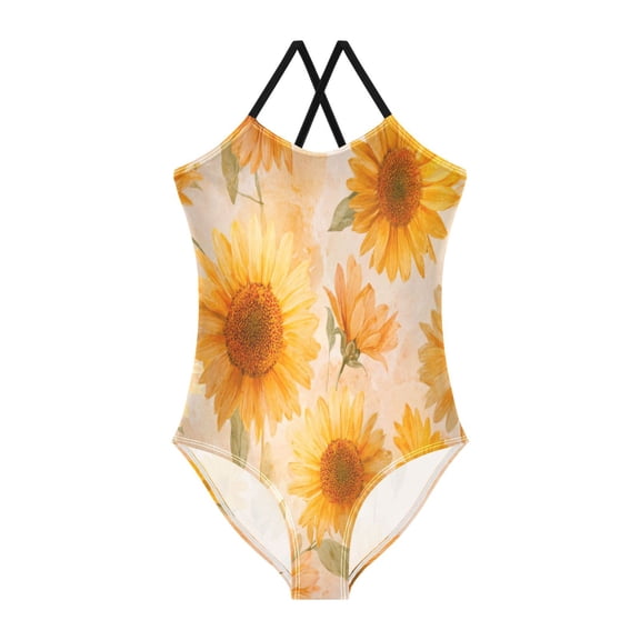 TTYFWHD Toddler Girls One Piece Swimsuit, Quick Dry Summer Beach Swimwear for Kids, 3T-10T Pastel-toned Sunflowers Pattern