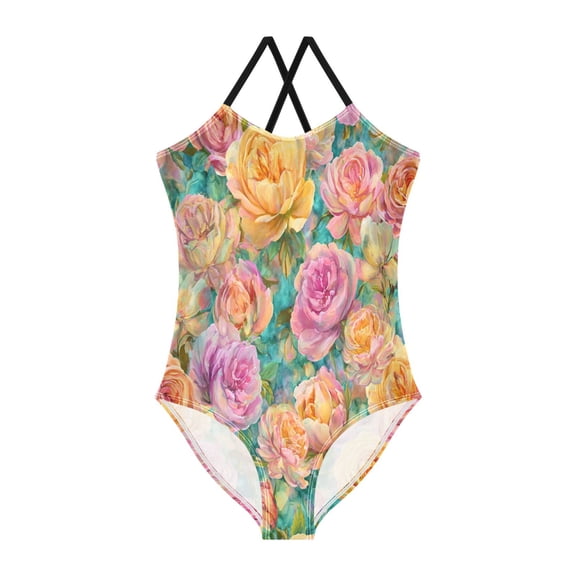 TTYFWHD Toddler Girls One Piece Swimsuit, Quick Dry Summer Beach Swimwear for Kids, 3T-10T Peach and Turquoise Flowers