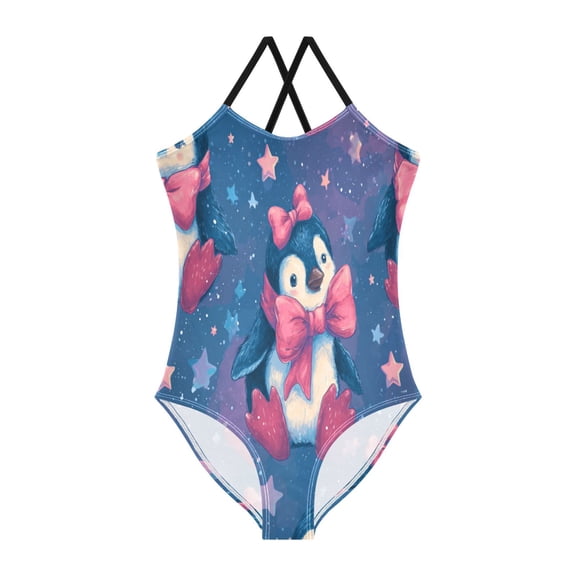 TTYFWHD Toddler Girls One Piece Swimsuit, Quick Dry Summer Beach Swimwear for Kids, 3T-10T Penguins with Pink Bows