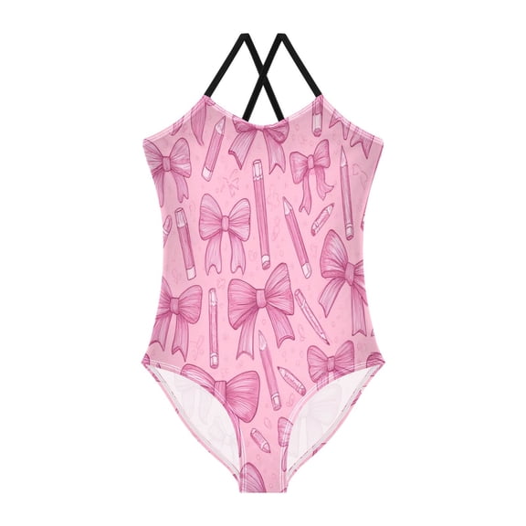 TTYFWHD Toddler Girls One Piece Swimsuit, Quick Dry Summer Beach Swimwear for Kids, 3T-10T Pink Bows and Pencils