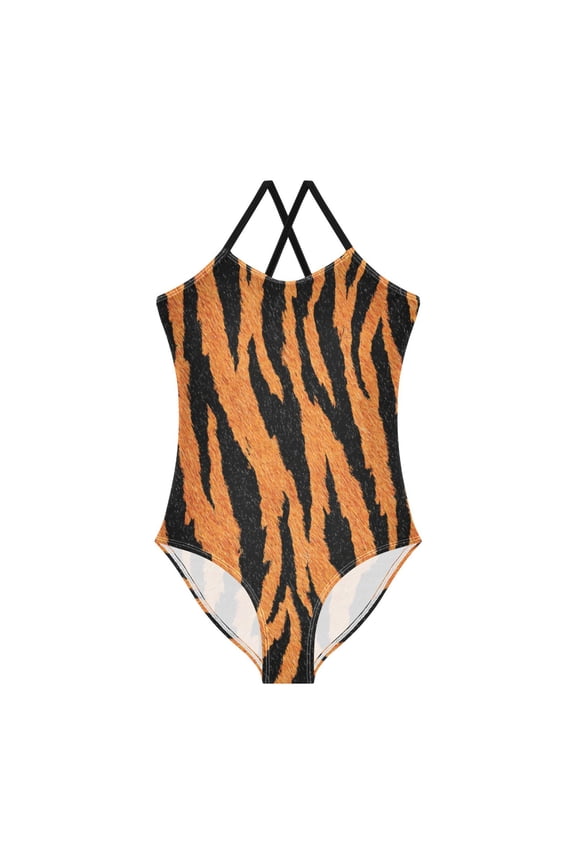 Toddler Girls One Piece Swimsuit, Quick Dry Summer Beach Swimwear for Kids, 3T-10T Plush Tiger Stripe Pattern