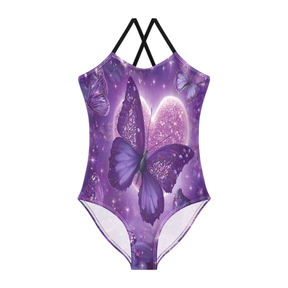 TTYFWHD Toddler Girls One Piece Swimsuit, Quick Dry Summer Beach Swimwear for Kids, 3T-10T Purple Diamond Butterfly