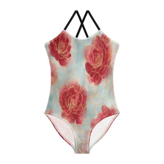 TTYFWHD Toddler Girls One Piece Swimsuit, Quick Dry Summer Beach Swimwear for Kids, 3T-10T Rose Petals with Gold Outline