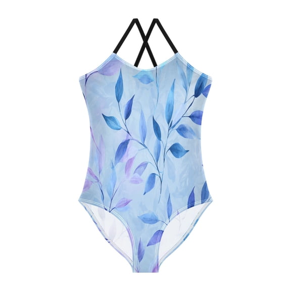 TTYFWHD Toddler Girls One Piece Swimsuit, Quick Dry Summer Beach Swimwear for Kids, 3T-10T Soft Blue Watercolor Foliage