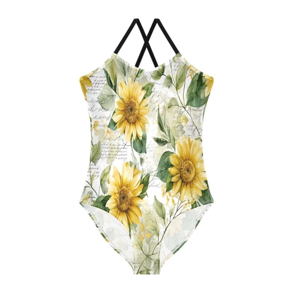 TTYFWHD Toddler Girls One Piece Swimsuit, Quick Dry Summer Beach Swimwear for Kids, 3T-10T Soft Sunflowers and Green Leaves