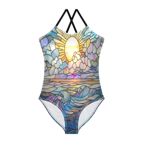 TTYFWHD Toddler Girls One Piece Swimsuit, Quick Dry Summer Beach Swimwear for Kids, 3T-10T Stained Glass Sea Sunrise