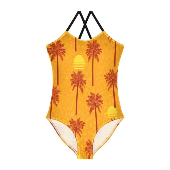 TTYFWHD Toddler Girls One Piece Swimsuit, Quick Dry Summer Beach Swimwear for Kids, 3T-10T Stylized Palm Trees