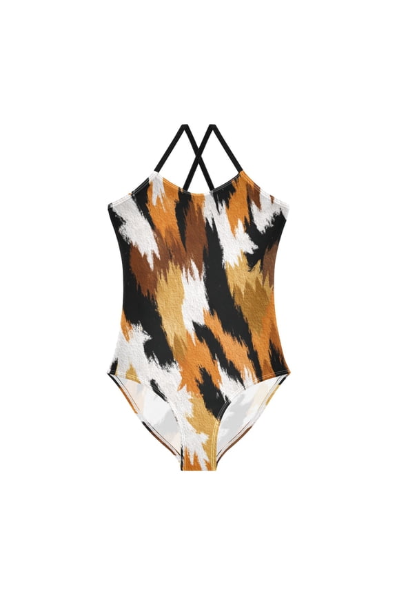 Toddler Girls One Piece Swimsuit, Quick Dry Summer Beach Swimwear for Kids, 3T-10T Tiger Print in Warm Tones