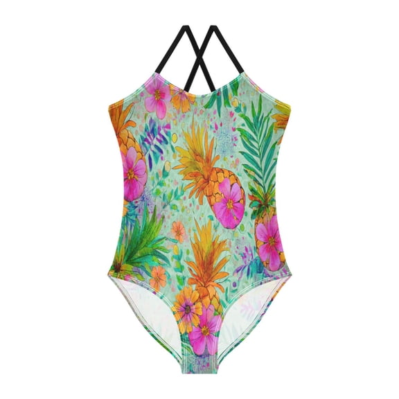 TTYFWHD Toddler Girls One Piece Swimsuit, Quick Dry Summer Beach Swimwear for Kids, 3T-10T Tropical Pineapple Floral