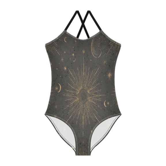 TTYFWHD Toddler Girls One Piece Swimsuit, Quick Dry Summer Beach Swimwear for Kids, 3T-10T Vintage Celestial Pattern