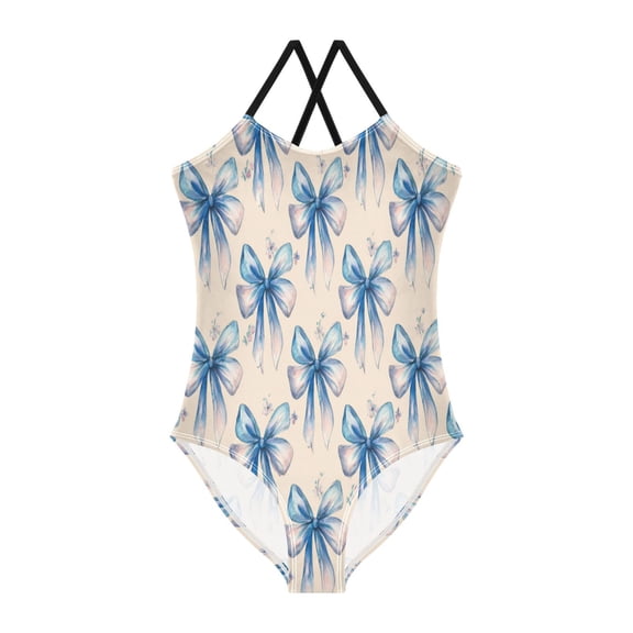 TTYFWHD Toddler Girls One Piece Swimsuit, Quick Dry Summer Beach Swimwear for Kids, 3T-10T Watercolor Blue Bows