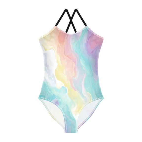 TTYFWHD Toddler Girls One Piece Swimsuit, Quick Dry Summer Beach Swimwear for Kids, 3T-10T Whimsical Marble Pastels