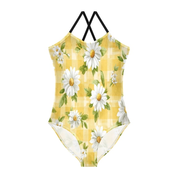 TTYFWHD Toddler Girls One Piece Swimsuit, Quick Dry Summer Beach Swimwear for Kids, 3T-10T Yellow Gingham with Daisies Pattern