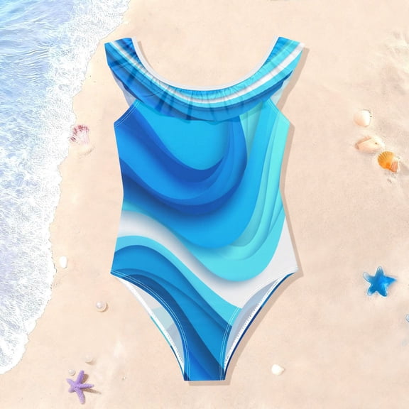 TTYFWHD Toddler Girls Ruffle One Piece Swimsuit, Stretchy Fabric for Beach & Pool Activities Abstract Water Waves