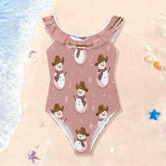 TTYFWHD Toddler Girls Ruffle One Piece Swimsuit, Stretchy Fabric for Beach & Pool Activities Adorable Cowboy Snowmen