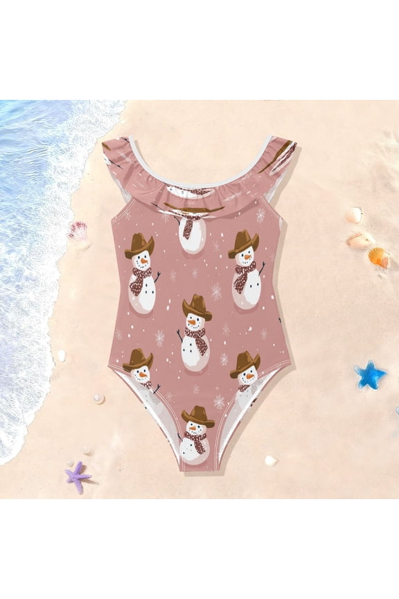 Toddler Girls Ruffle One Piece Swimsuit, Stretchy Fabric for Beach & Pool Activities Adorable Cowboy Snowmen