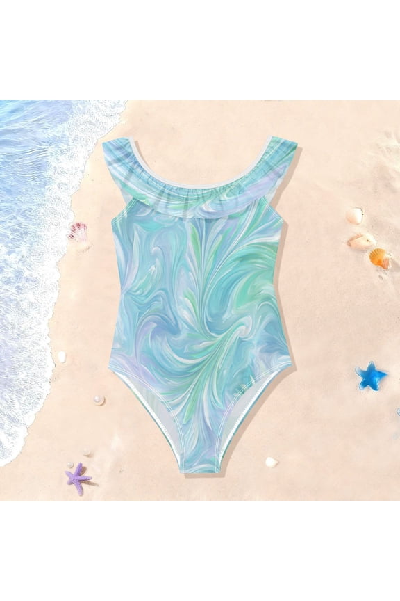Toddler Girls Ruffle One Piece Swimsuit, Stretchy Fabric for Beach & Pool Activities Aqua Swirl Feather Design