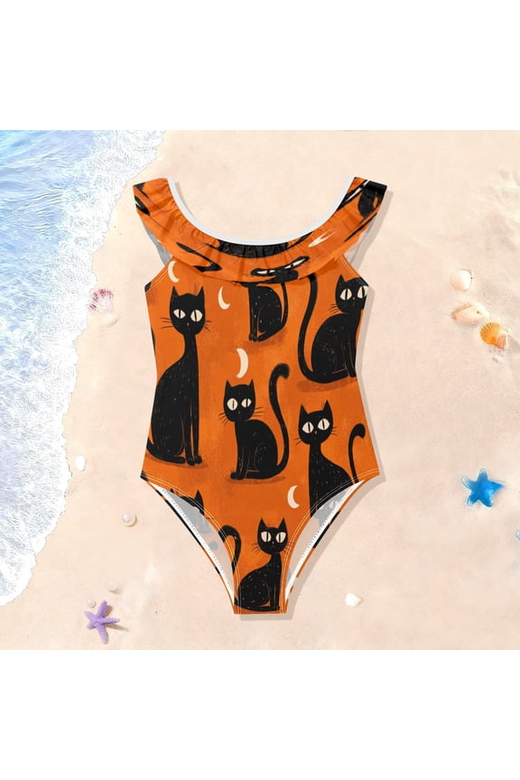 Toddler Girls Ruffle One Piece Swimsuit, Stretchy Fabric for Beach & Pool Activities Black Cat with Moon Design