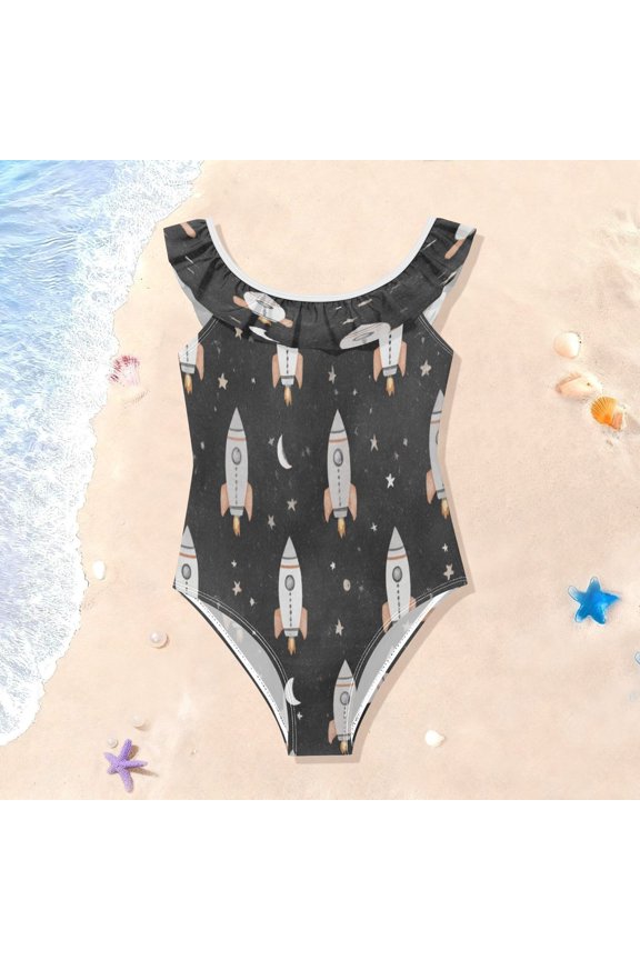 Toddler Girls Ruffle One Piece Swimsuit, Stretchy Fabric for Beach & Pool Activities Black Space Rocket Pattern