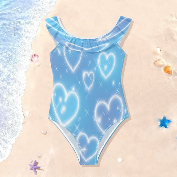 TTYFWHD Toddler Girls Ruffle One Piece Swimsuit, Stretchy Fabric for Beach & Pool Activities Blue Diamond Heart Shower