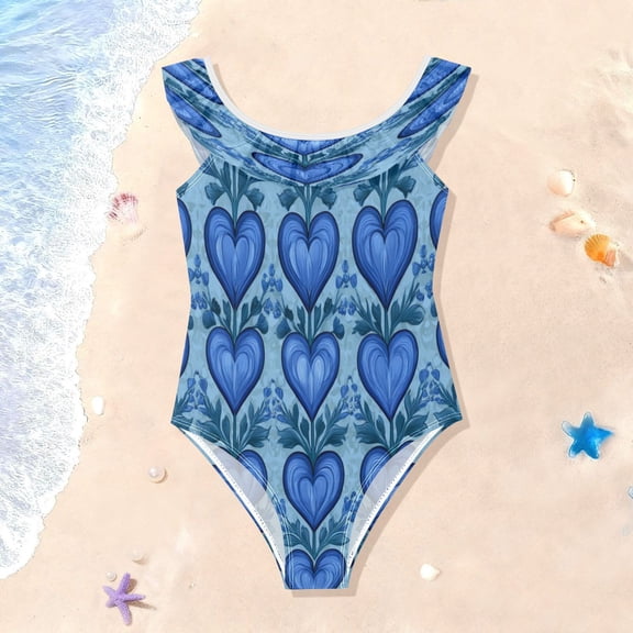 TTYFWHD Toddler Girls Ruffle One Piece Swimsuit, Stretchy Fabric for Beach & Pool Activities Blue Growing Hearts Pattern