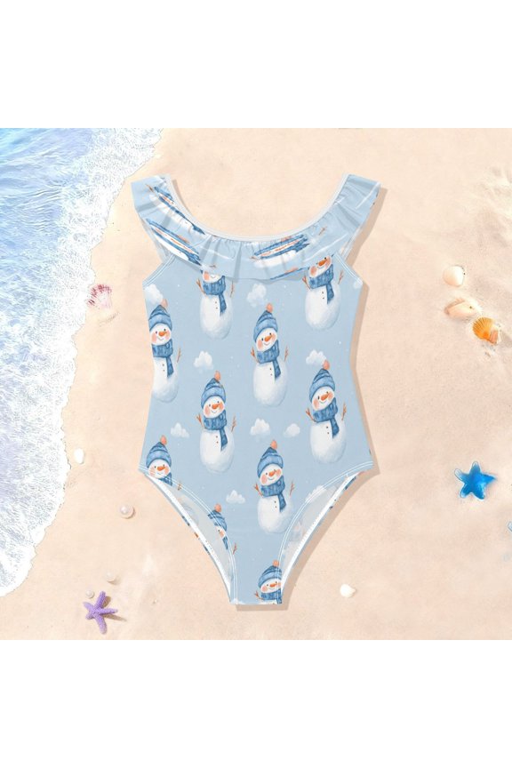 Toddler Girls Ruffle One Piece Swimsuit, Stretchy Fabric for Beach & Pool Activities Blue Scarf Snowmen