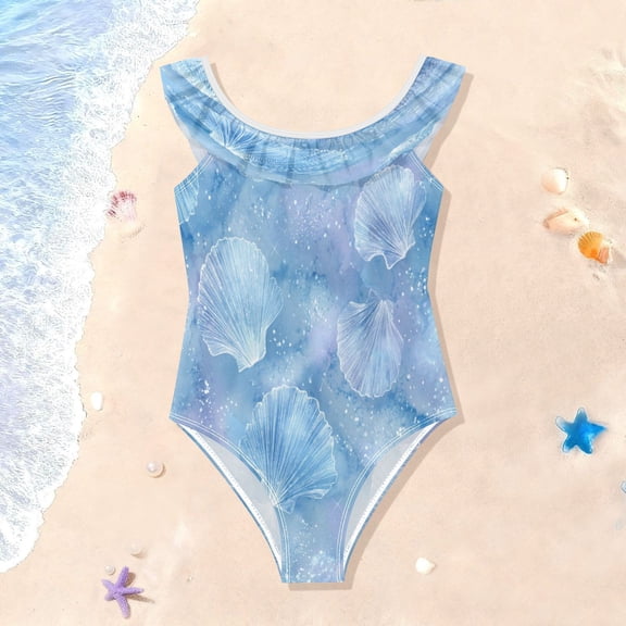 TTYFWHD Toddler Girls Ruffle One Piece Swimsuit, Stretchy Fabric for Beach & Pool Activities Blue Sea Shell Pattern