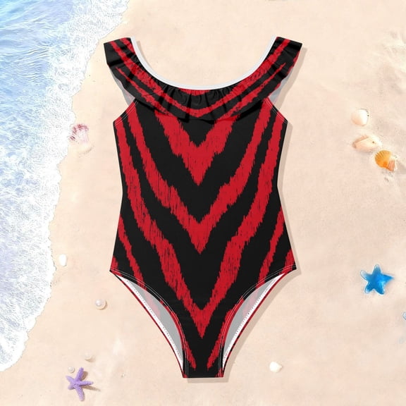 TTYFWHD Toddler Girls Ruffle One Piece Swimsuit, Stretchy Fabric for Beach & Pool Activities Bold Crimson Chevron Pattern