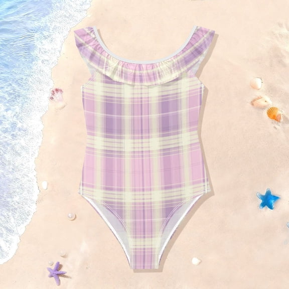 TTYFWHD Toddler Girls Ruffle One Piece Swimsuit, Stretchy Fabric for Beach & Pool Activities Bright Pink Checkered Pattern