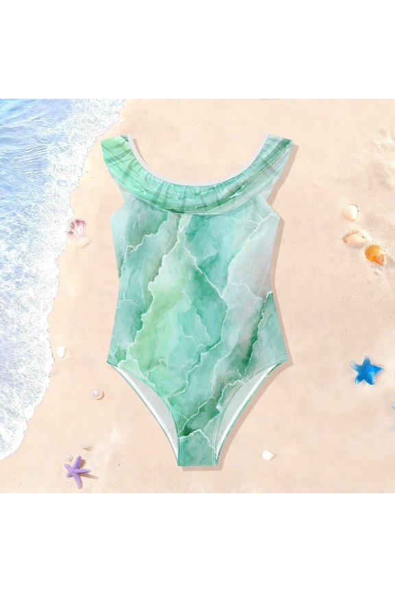 Toddler Girls Ruffle One Piece Swimsuit, Stretchy Fabric for Beach & Pool Activities Calm Mint Marble Pattern