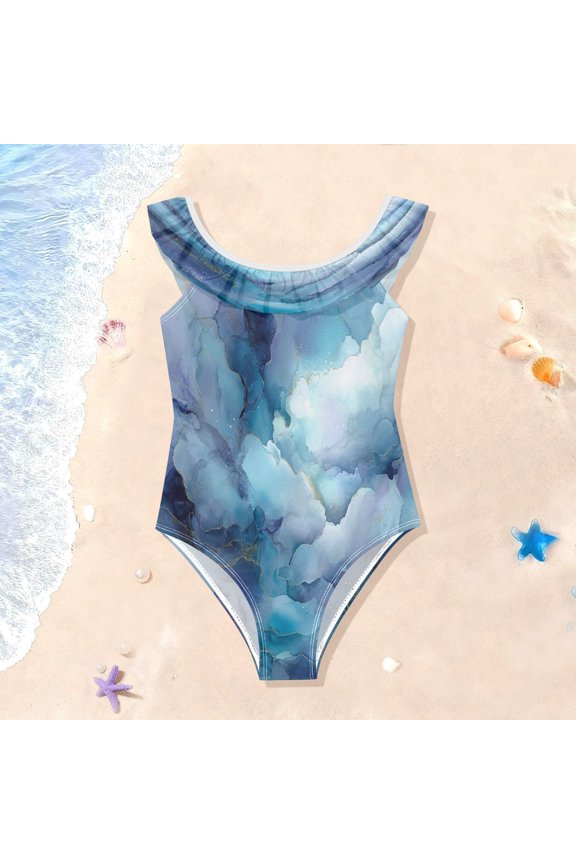 Toddler Girls Ruffle One Piece Swimsuit, Stretchy Fabric for Beach & Pool Activities Celestial Cloud Texture Print