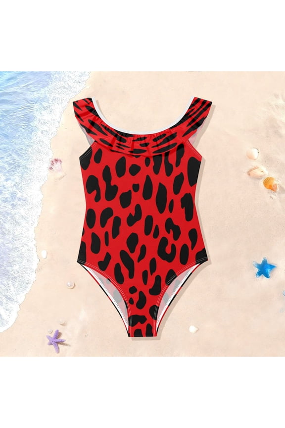 Toddler Girls Ruffle One Piece Swimsuit, Stretchy Fabric for Beach & Pool Activities Classic Red Black Cheetah Pattern