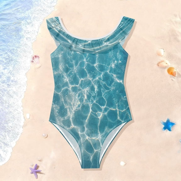 TTYFWHD Toddler Girls Ruffle One Piece Swimsuit, Stretchy Fabric for Beach & Pool Activities Clear Water Sunlight Print
