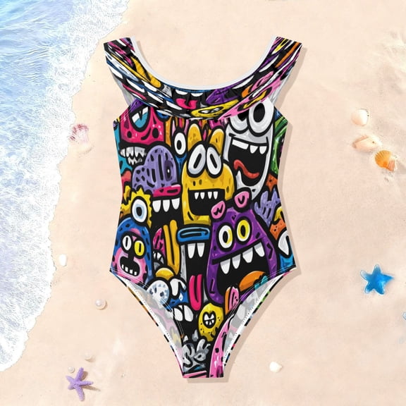 TTYFWHD Toddler Girls Ruffle One Piece Swimsuit, Stretchy Fabric for Beach & Pool Activities Colorful Cartoon Monsters
