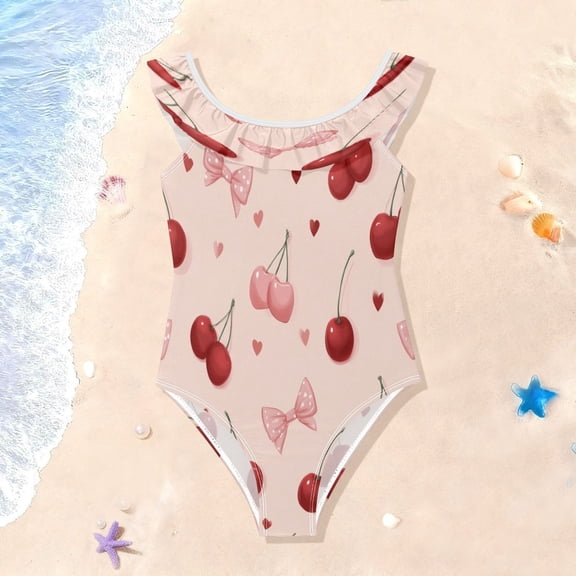 TTYFWHD Toddler Girls Ruffle One Piece Swimsuit, Stretchy Fabric for Beach & Pool Activities Coquette Cherry Bow Heart