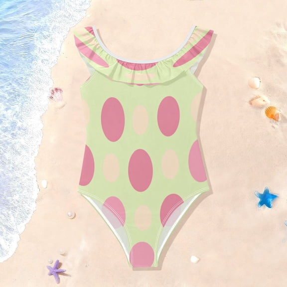 TTYFWHD Toddler Girls Ruffle One Piece Swimsuit, Stretchy Fabric for Beach & Pool Activities Cream Pink Green Big Dots