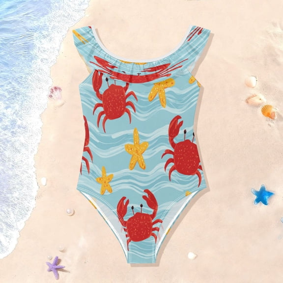 TTYFWHD Toddler Girls Ruffle One Piece Swimsuit, Stretchy Fabric for Beach & Pool Activities Cute Beach Creature Print