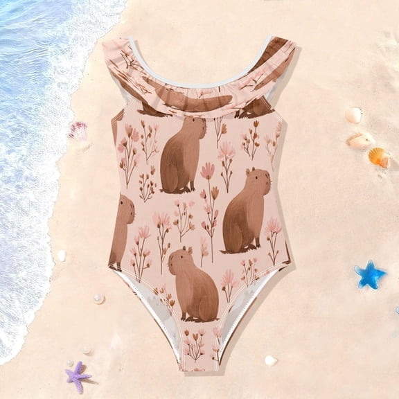 TTYFWHD Toddler Girls Ruffle One Piece Swimsuit, Stretchy Fabric for Beach & Pool Activities Cute Brown Capybara Pattern