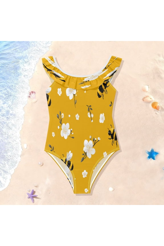 Toddler Girls Ruffle One Piece Swimsuit, Stretchy Fabric for Beach & Pool Activities Cute Cartoon Bees