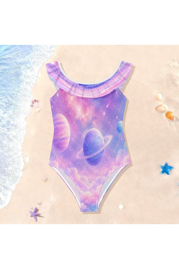 Toddler Girls Ruffle One Piece Swimsuit, Stretchy Fabric for Beach & Pool Activities Cute Cosmic Planets Clouds